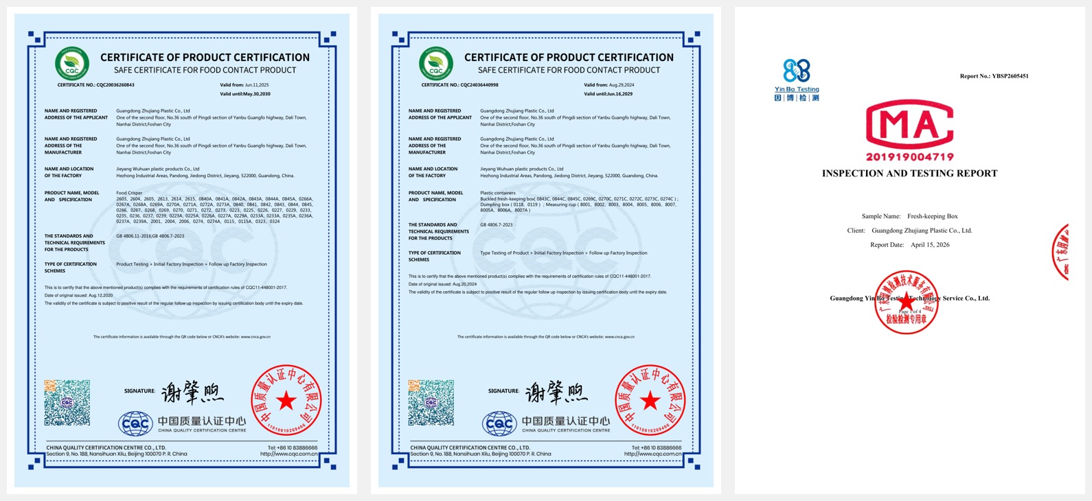 Two original CQC certificates and fresh-keeping box report