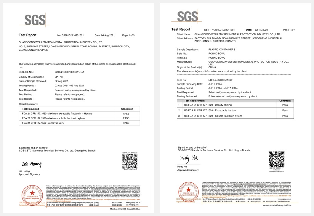 SGS reports for transparent meal box and black PP bowl